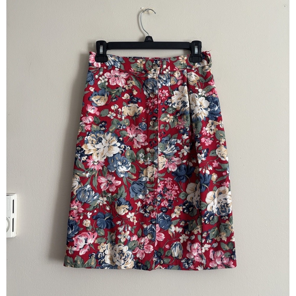 Y2K 90s Button Front Corduroy Skirt Floral Red Gotcha Covered Size 10 Medium